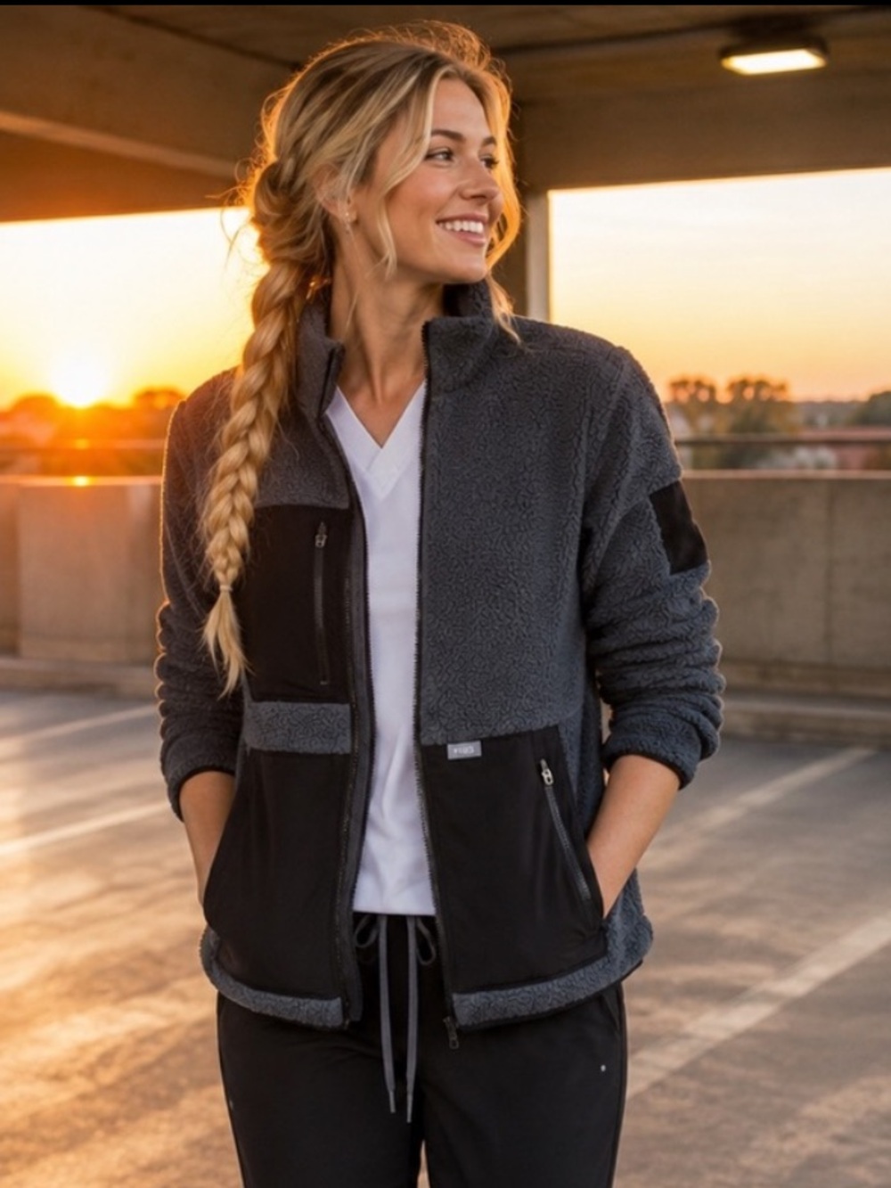 FIGS High-Pile Sherpa Fleece Jacket Gray Black Full Zip Size Small